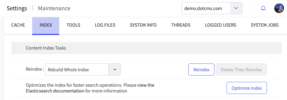 Dropdown and Reindex button for building an index.