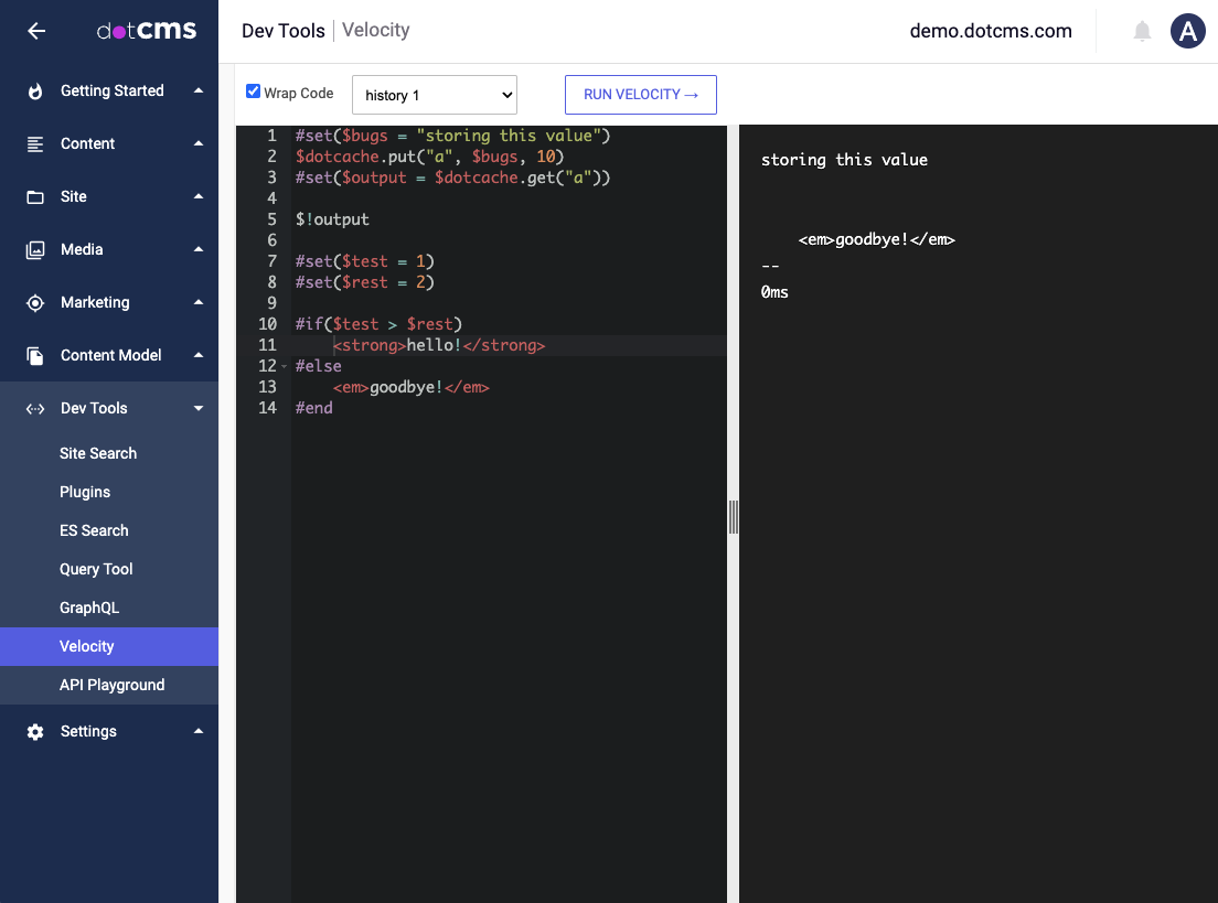 Screenshot of the Velocity Playground screen, with code on the left pane and output on the right.