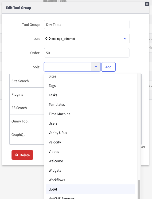 Selecting the dotAI tool.