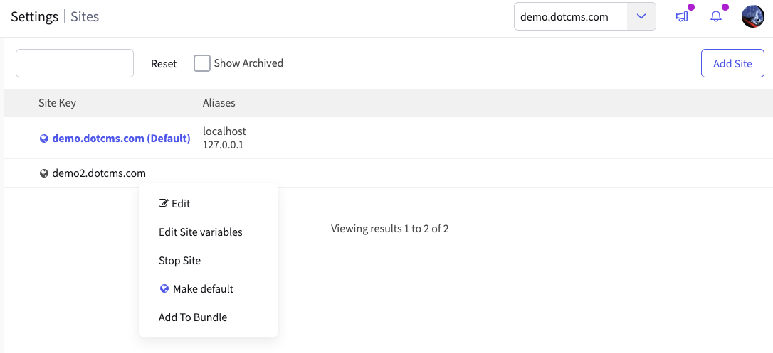 Sites tool within Settings tool group.