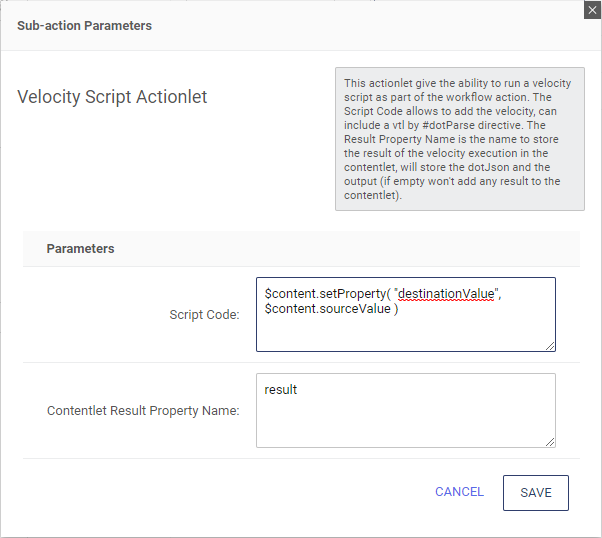 Velocity Script Subaction Configuration